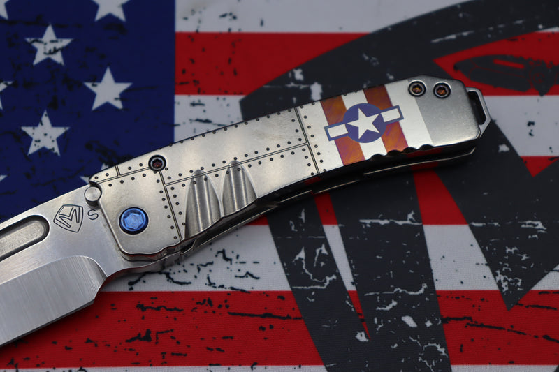 Medford Midi Marauder S35 Tumbled Tanto & Tumbled Stars & Bars Handle w/ Rivet Spring & Blue Hardware w/ Brushed/Blue Clip