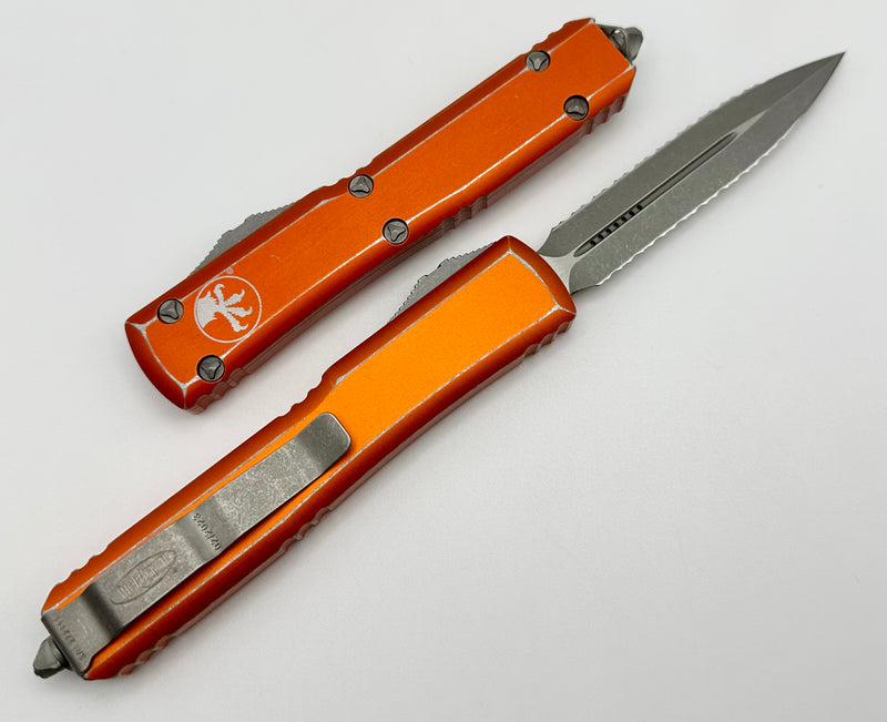 Microtech Ultratech Double Edge Double Full Serrated Apocalyptic & Distressed Orange 122-D12DOR
