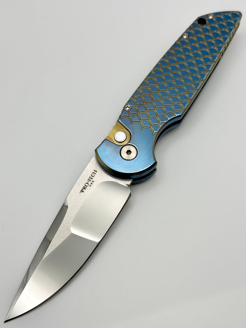 Pro-Tech TR-3 Custom Titanium 2022 Orange Peel Blue/Bronze Fish Scale w/ Mike Irie Compound Grind Mirror Blade TR-3.008
