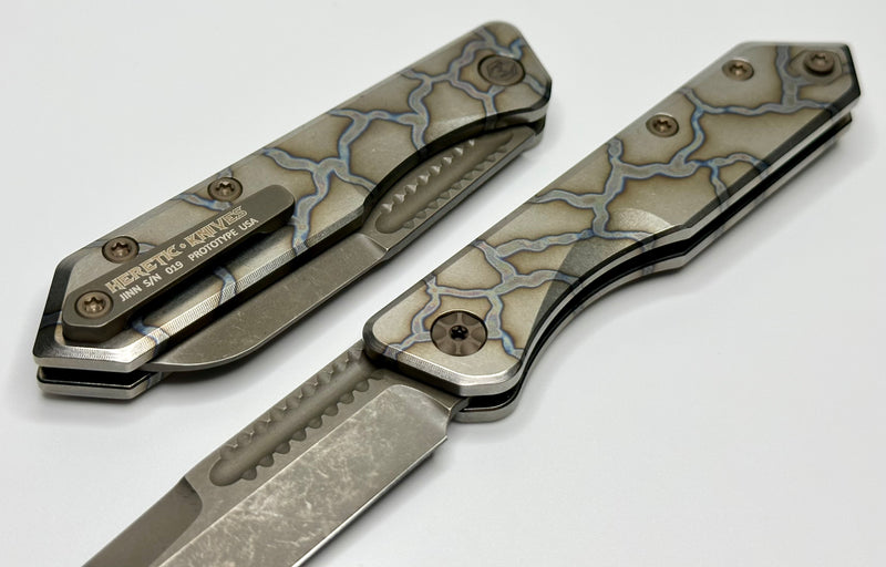 Heretic Knives Jinn Prototype Flamed Titanium w/ Bronze Accents & Hand Ground Battle Bronze Magnacut
