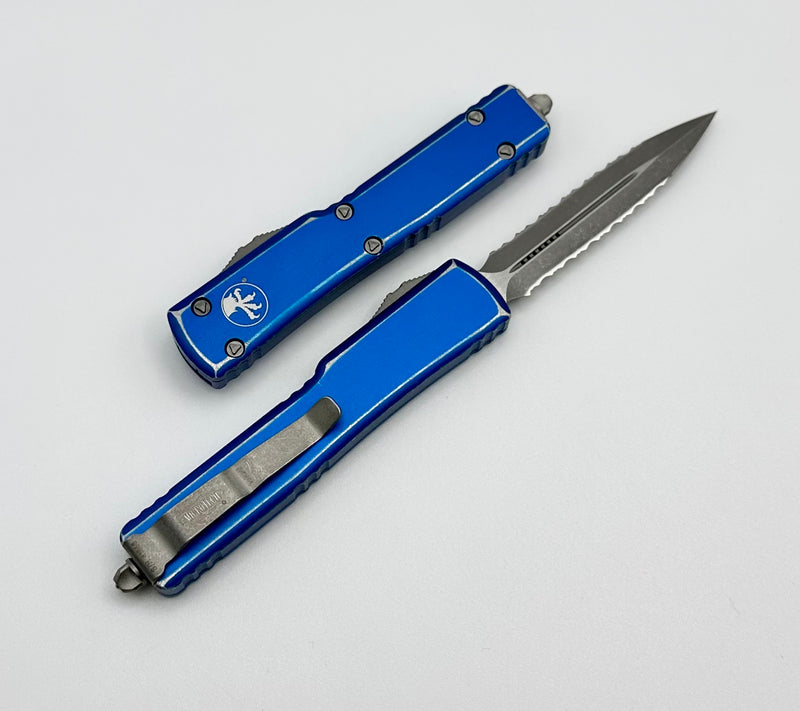 Microtech UTX-70 Double Edge Double Fully Serrated Apocalyptic & Distressed Blue 147-D12DBL