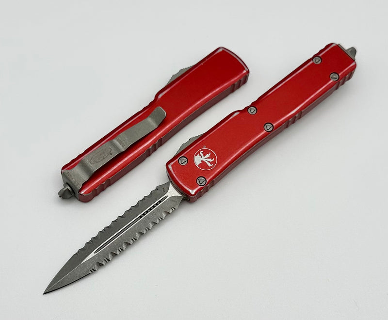 Microtech UTX-70 Double Edge Double Fully Serrated Apocalyptic & Distressed Red 147-D12DRD