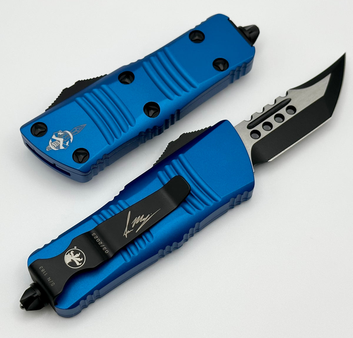 BRNR Mini D テンセイBlue (Xlink Tech)付き Microtech Mini Troodon Hellhound Tactical & Blue 819-1BLS