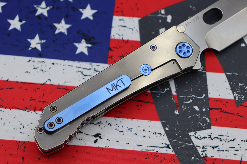 Medford Knife 187 DP Drop Point D2 Tumbled & Tumbled "2nd Amendment" Laser Handles w/ Blue Hardware/Clip