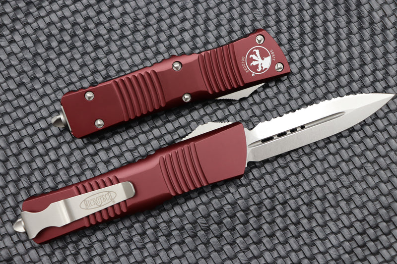 Microtech Combat Troodon Double Edge Stonewash Fully Serrated & Merlot Red 142-12MR