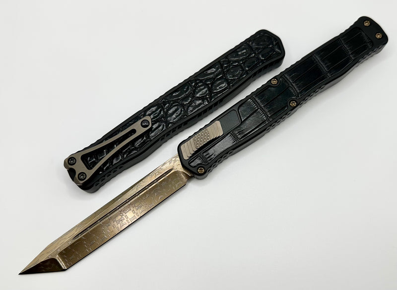 Heretic Knives Cleric II 2 Vegas Forge 3V Tanto Bronze Damascus & Crocodile Inlays w/ Bronze Button/Hardware/Ti Clip