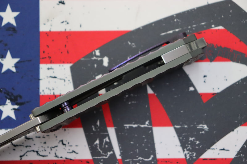 Medford Midi Marauder Tumbled S35 Tanto & Bead Blast Cement w/ Violet Mini Gator Belly Sculpted Handles w/ Violet Hardware/Clip