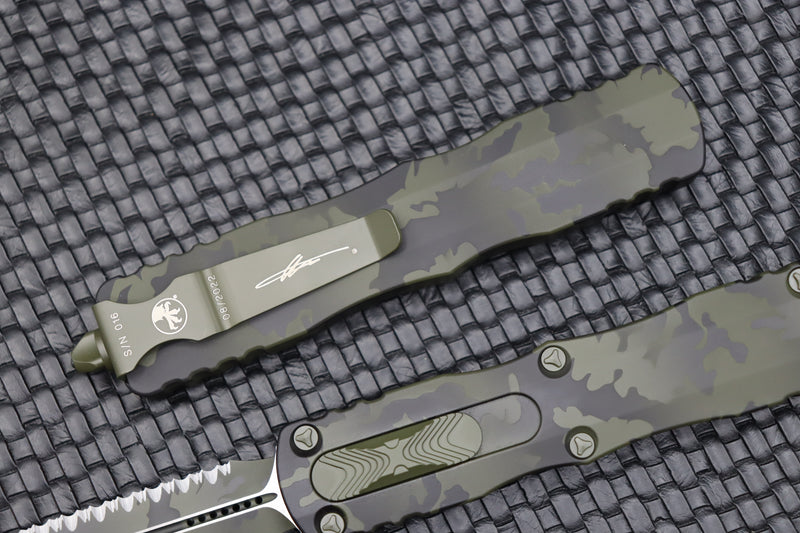 Microtech Dirac Delta Olive Camo Double Edge Fully Serrated 227-3OCS