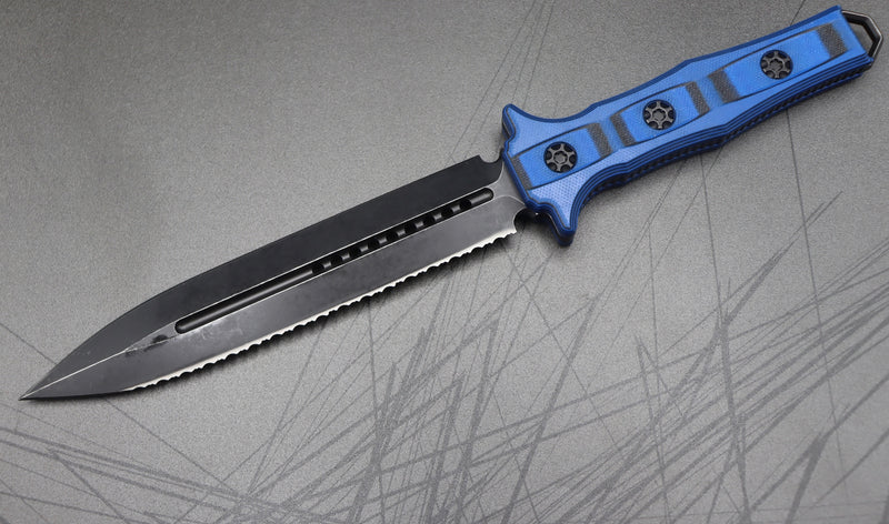 Heretic Knives Nephilim Black/Blue G-10 & Double Edge Battleworn Black Full Serrated H003-8C-BLKBLU