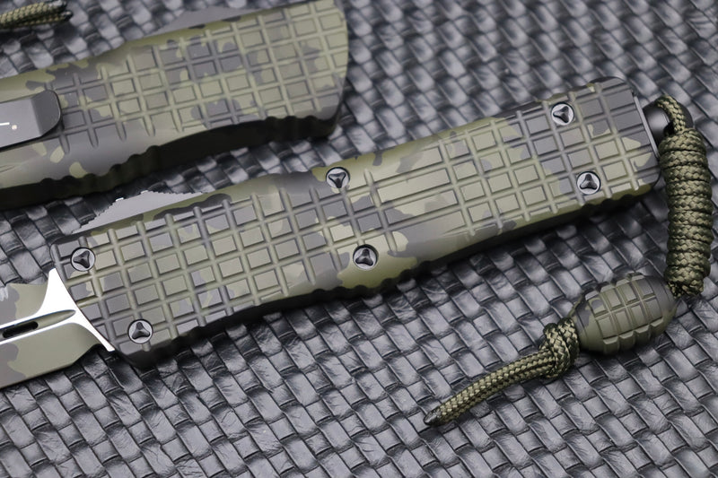 Microtech Combat Troodon OD Green Frag Camo w/ Double Edge Full Serrated Camo  142-3FROCS