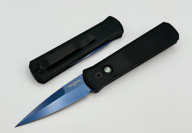 Pro-Tech Godson Black Handle w/ Abalone Button & Sapphire Blue 154-CM Blade 721-SB