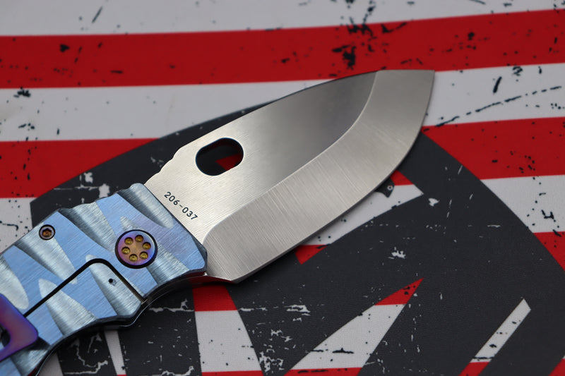 Medford TFF-1 Fat Daddy Blue "Lazy River" Sculpted Handles w/ Flamed Hardware, Blue Clip & Tumbled S35VN