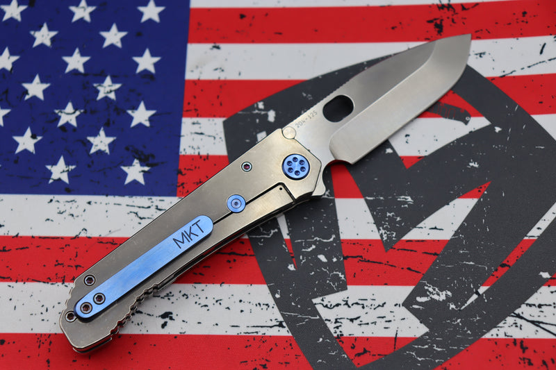 Medford Knife 187 DP Drop Point D2 Tumbled & Tumbled "2nd Amendment" Laser Handles w/ Blue Hardware/Clip