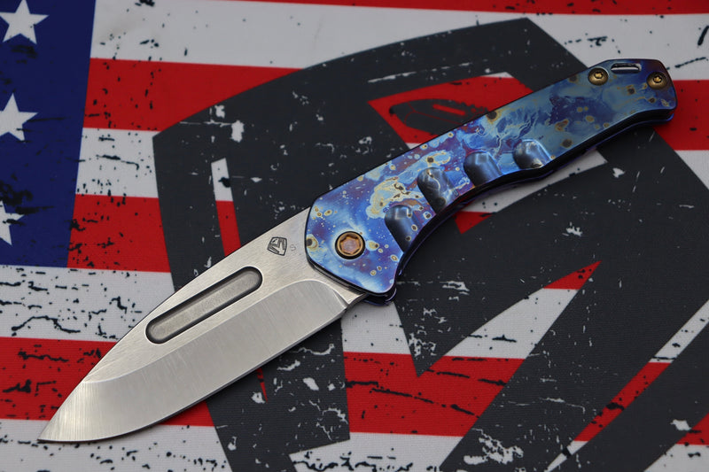 Medford Praetorian Slim S35VN Tumbled Drop Point & Faced/Flamed Galaxy Handle w/ Blue Spring & Bronze Hardware/Clip