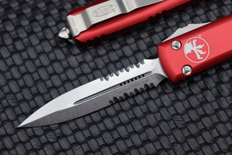Microtech Ultratech Red & Double Edge Stonewash Partial Serrated 122-11RD