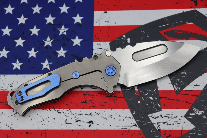 Medford Knife Praetorian T Drop Point Tumbled S35 & Tumbled Handles w/ Blue Hardware/Clip
