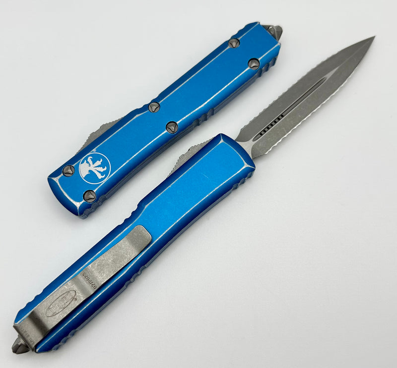 Microtech Ultratech Double Edge Double Full Serrated Apocalyptic & Distressed Blue 122-D12DBL