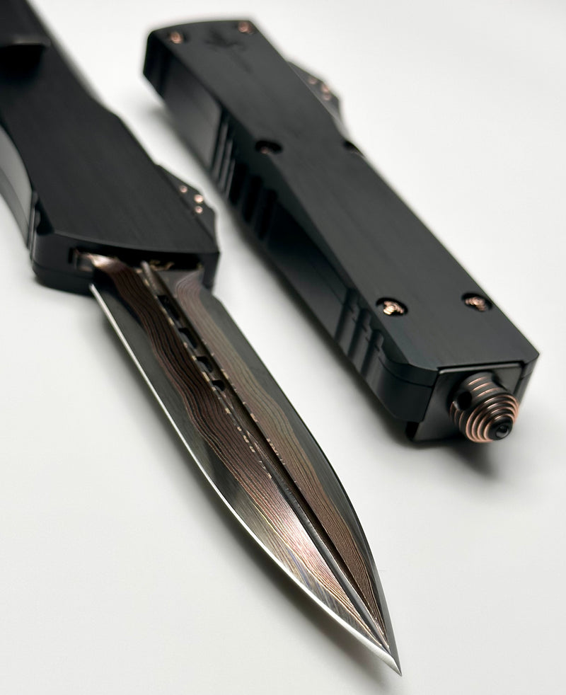 Marfione Custom Knives Combat Troodon D/E Tiger GoMai Blade w/ Hefted Black Handle & Copper Ringed Hardware