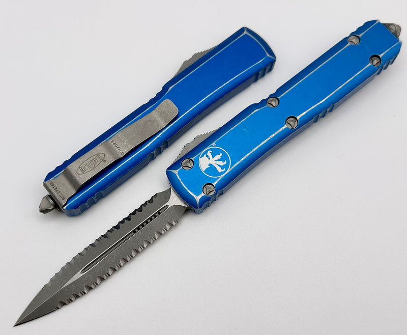 Microtech Ultratech Double Edge Double Full Serrated Apocalyptic & Distressed Blue 122-D12DBL