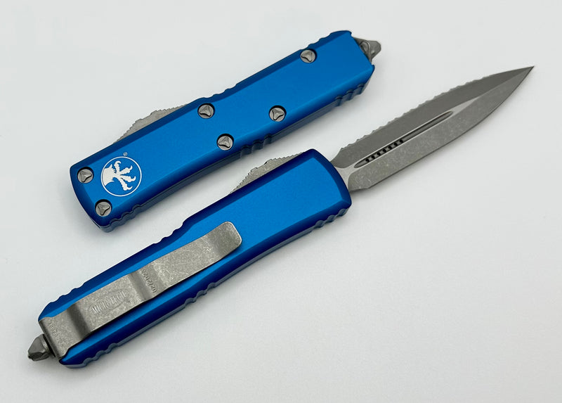 Microtech UTX-85 Double Edge Apocalyptic Full Serrated & Blue 232-12APBL
