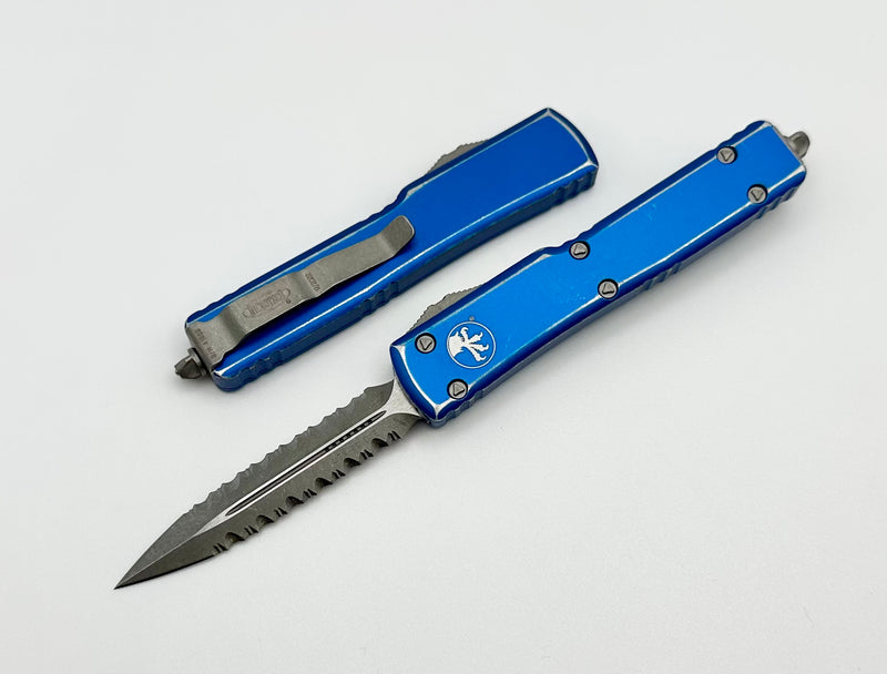 Microtech UTX-70 Double Edge Double Fully Serrated Apocalyptic & Distressed Blue 147-D12DBL