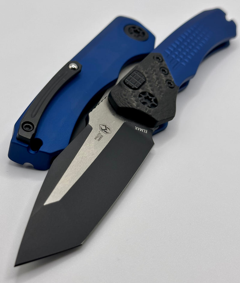 Heretic Knives Wraith Auto Two Tone Black Tanto w/ Carbon Fiber Bolster & Blue Handle H100-10A-BLU