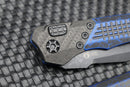 Heretic Knives Wraith Auto Battleworn Black Tanto w/ Carbon Fiber Bolster & Breakthrough Blue Handle DLC H100-8A-BRKBLU