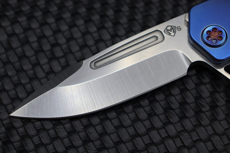 Medford Knife Proxima Tumbled S35 & Blue Handles w/ Flamed Hardware & Brush/Flamed Clip