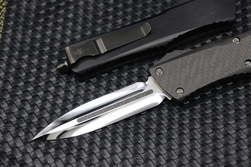 Marfione Custom Knives Combat Troodon D/E Mirror Polish w/ Carbon Fiber Inlays & Carbon fiber Top/Button w/ Hefted Black Handle & DLC Ringed Hardware