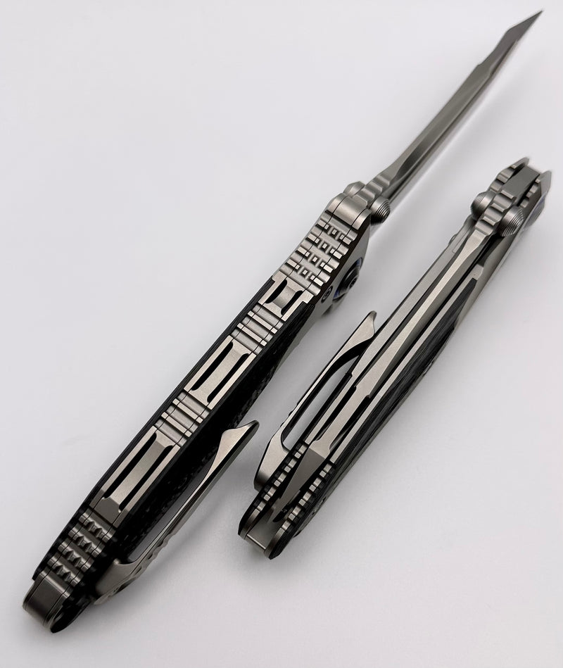 Microtech Knives Socom Bravo T/E Bead Blast Standard w/ Blue Ti Pivot Collars & Carbon Fiber Scales 261-7CFTI