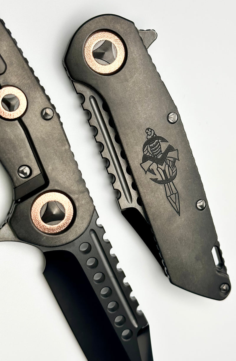 Marfione Custom Knives Warhound DLC Stonewash Titanium w/ Deep Engraved Dagger Relief & DLC Diamondwash CTS-204P w/ Copper Accents