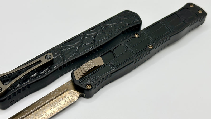 Heretic Knives Cleric II 2 Vegas Forge 3V Tanto Bronze Damascus & Crocodile Inlays w/ Bronze Button/Hardware/Ti Clip