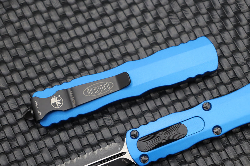 Microtech Dirac Double Edge Fully Serrated & Blue 225-3BL