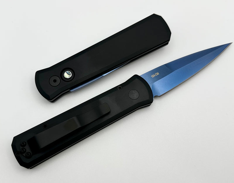 Pro-Tech Godson Black Handle w/ Abalone Button & Sapphire Blue 154-CM Blade 721-SB