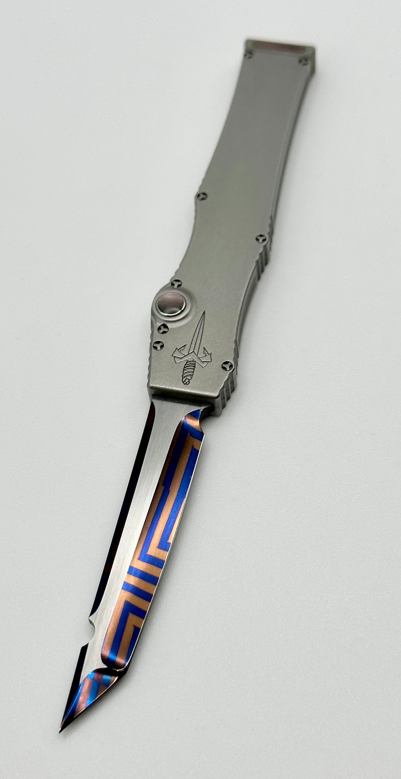 Marfione Custom Halo III Mini Star Grind Blued Mosaic Damascus Tanto w/  Stainless Steel Handle & Black Lip Pearl Inlays