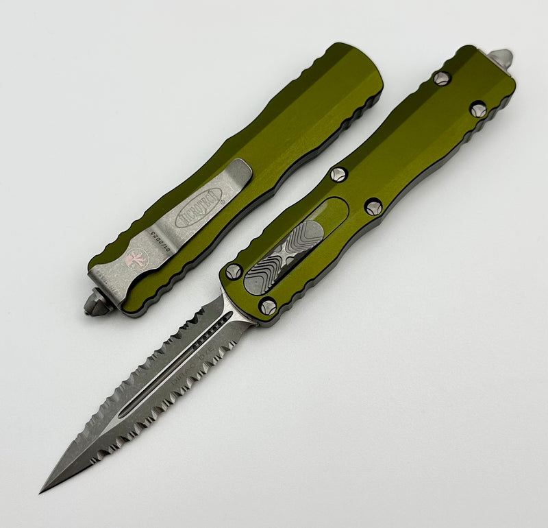 Microtech Dirac Double Edge Double Fully Serrated Apocalyptic & OD Green 225-D12APOD