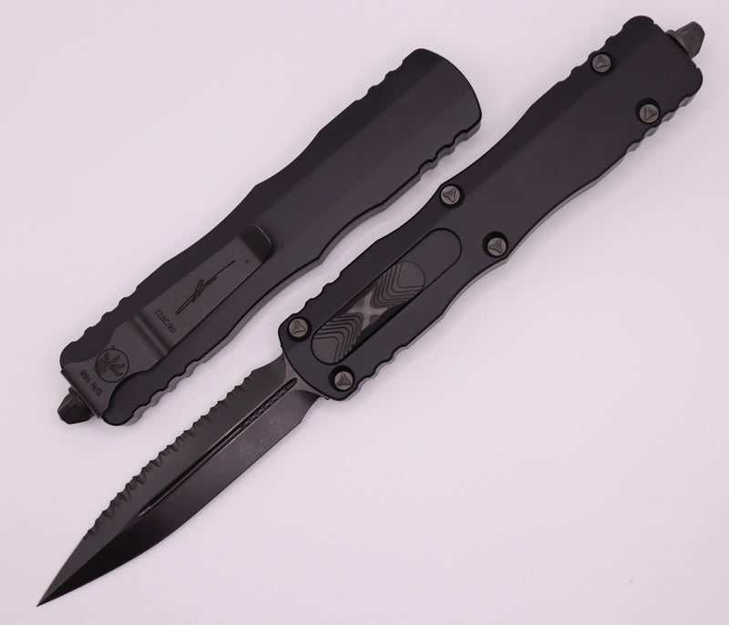 Microtech Dirac Delta Double Edge DLC Shadow Fully Serrated 227-3DLCTSH