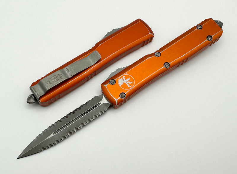 Microtech Ultratech Double Edge Double Full Serrated Apocalyptic & Distressed Orange 122-D12DOR