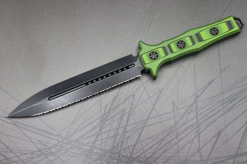 Heretic Knives Nephilim Black/Green G-10 & Double Edge Battleworn Black Full Serrated H003-8C-BLKGRN