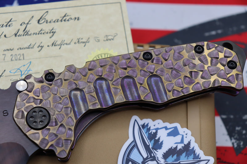 Medford Knife Praetorian T Peaks & Valleys Violet-Bronze Fade & Flamed Hardware with S35 Vulcan Tanto 106-186