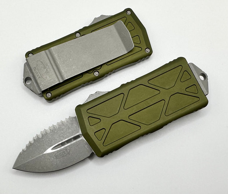 Microtech Exocet Double Edge Apocalyptic Full Serrated & OD Green 157-12APOD