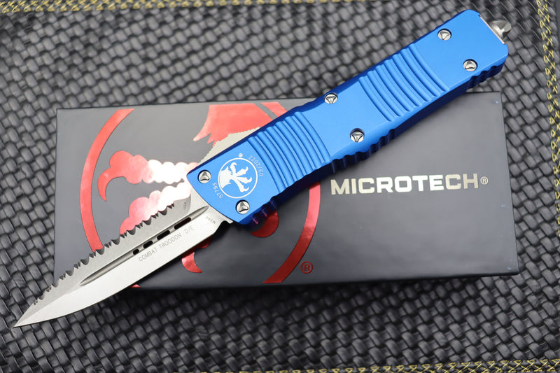 Microtech Combat Troodon D/E Stonewash Full Serrated & Blue 142-12BL