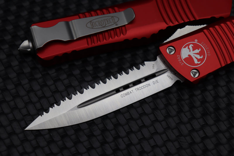 Microtech Combat Troodon D/E Satin Fully Serrated & Red 142-6RD