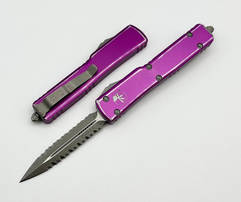 Microtech UTX-70 Double Edge Double Fully Serrated Apocalyptic & Distressed Violet 147-D12DVI