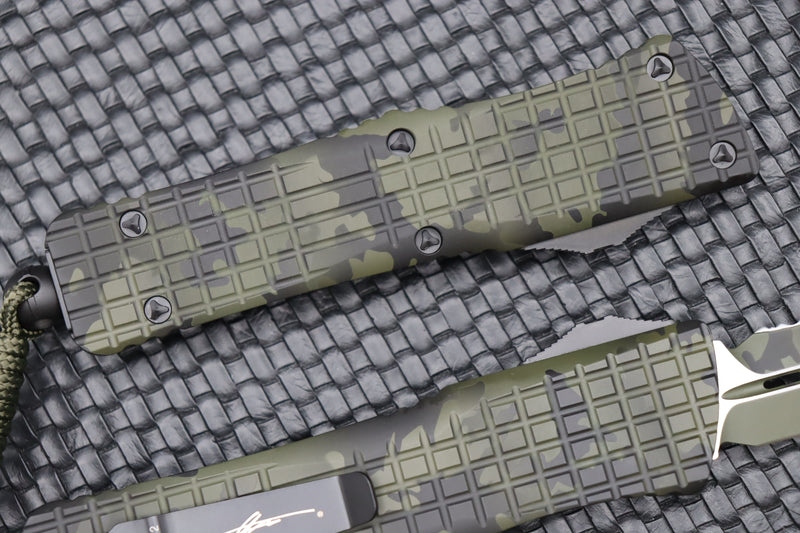 Microtech Combat Troodon OD Green Frag Camo w/ Double Edge Full Serrated Camo  142-3FROCS