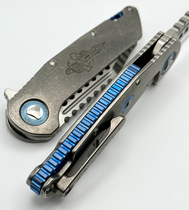 Marfione Custom Knives Warhound Stonewash Titanium w/ Deep Engraved Dagger Relief & Two Tone Stonewash Semi Mirror CTS-204P w/ Blue Accents