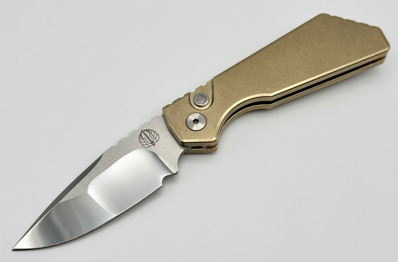 Pro-Tech PT Plus Stonewash ALBronze Handle w/ Mother of Pearl Button & Hand Mirrored Compound Mike Irie Blade 2023 Strider PT+ .001
