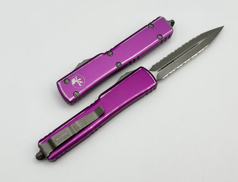 Microtech UTX-70 Double Edge Double Fully Serrated Apocalyptic & Distressed Violet 147-D12DVI