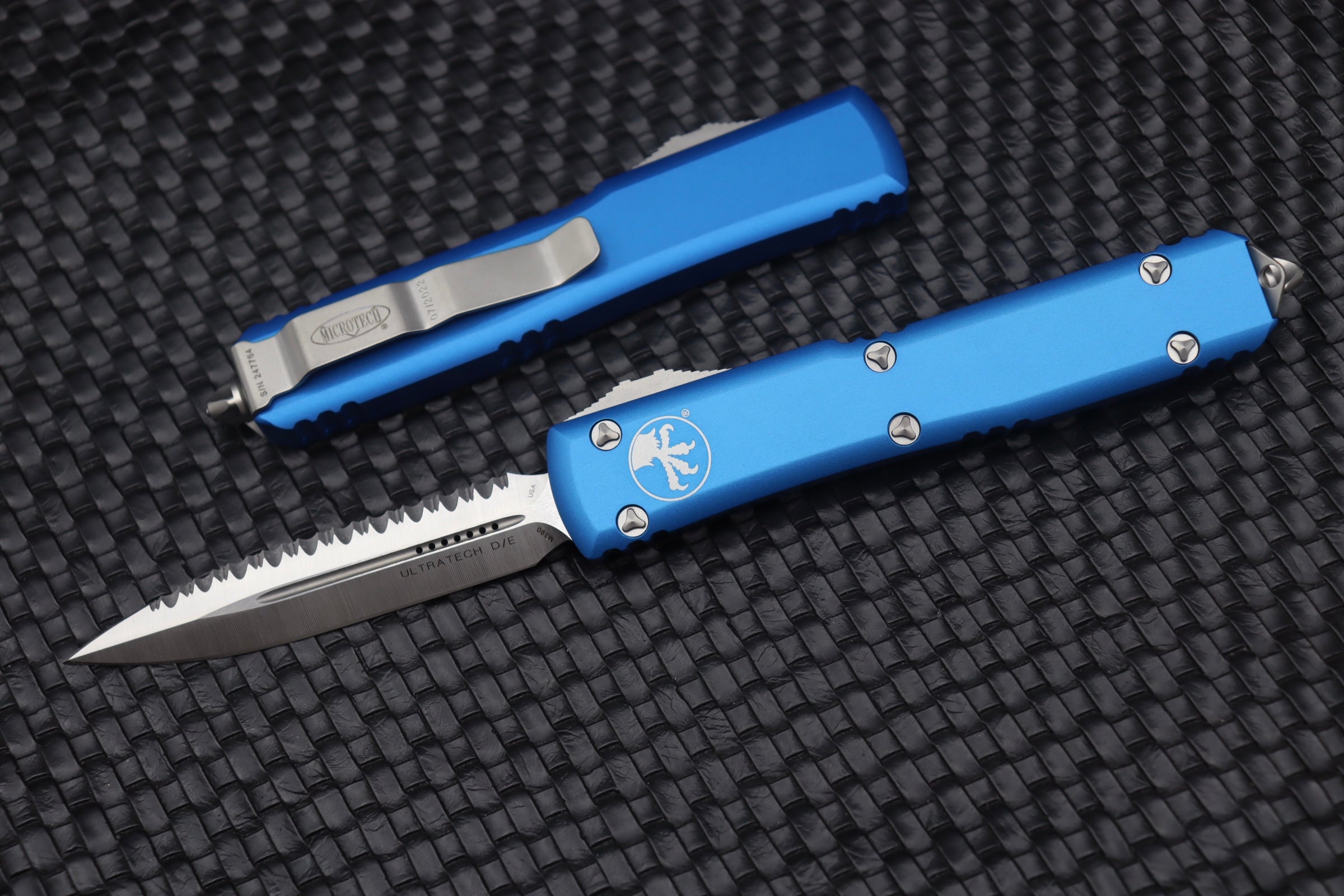 Microtech Ultratech Double Edge Satin Full Serrated & Blue 122-6BL