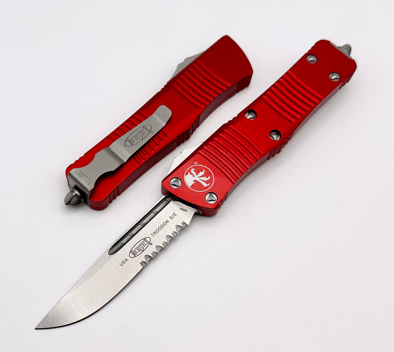 Microtech Troodon Single Edge Stonewash Partial Serrated & Red 139-11RD